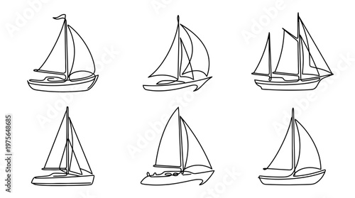 sailboat , six black Continuous Line Art (Single Line) vector set collection , white background , PNG and SVG