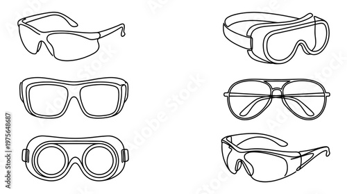 safety goggles , six black Continuous Line Art (Single Line) vector set collection , white background , PNG and SVG