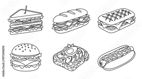 sandwich , six black Continuous Line Art (Single Line) vector set collection , white background , PNG and SVG