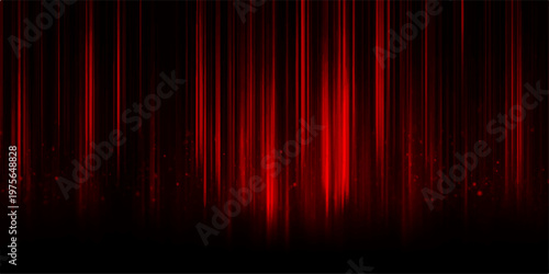 Elegant red curtains create a dramatic backdrop, with vertical lines of vibrant color descending into shadows, inviting viewers into a world of spectacle and performance.