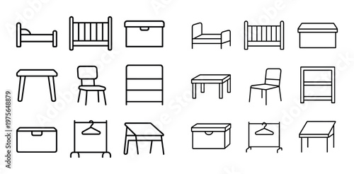 Furniture icons arranged in grid on white background