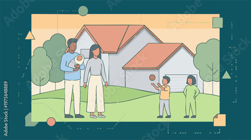 Happy multi-ethnic family with newborn and children in front of their house