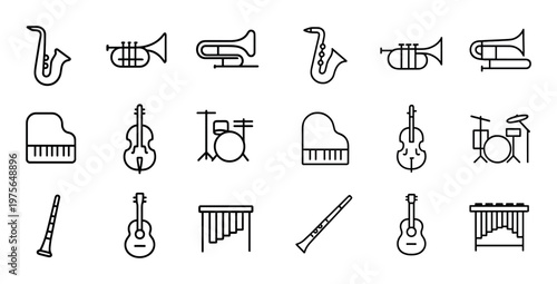 Multiple musical instruments displayed as line icons in grid layout