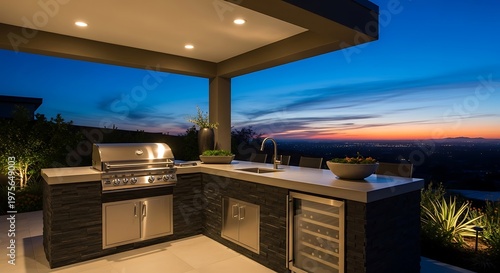 Outdoor Kitchen Oasis with Sunset View and Modern Design.