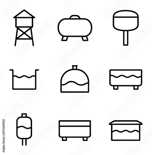 Water storage tanks and reservoir icons in grid layout