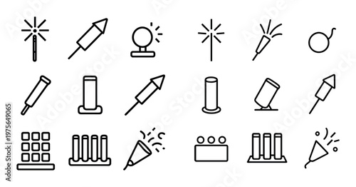 Firework and party popper icons arranged on white background