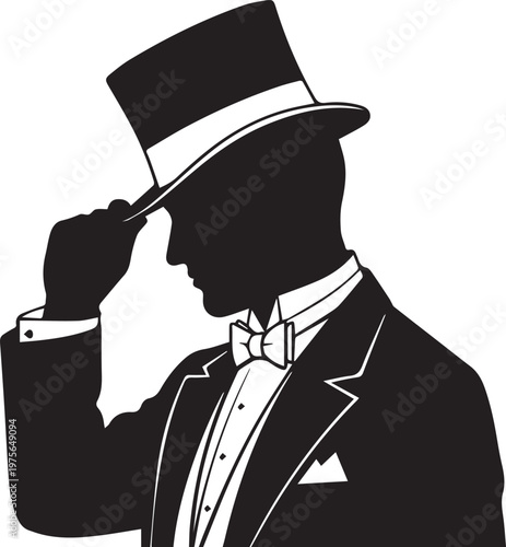 Gentleman wearing a top hat and tuxedo tips his hat in a classic gesture of formal elegance and sophisticated charm.