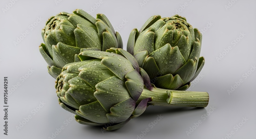 Fototapeta premium Green artichokes still life with water droplets on light gray background
