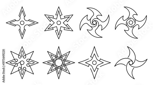 shuriken , six black Continuous Line Art (Single Line) vector set collection , white background , PNG and SVG