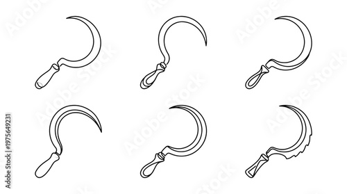 sickle , six black Continuous Line Art (Single Line) vector set collection , white background , PNG and SVG