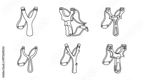 slingshot , six black Continuous Line Art (Single Line) vector set collection , white background , PNG and SVG