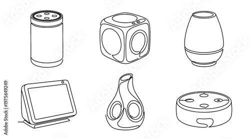 smart speaker , six black Continuous Line Art (Single Line) vector set collection , white background , PNG and SVG