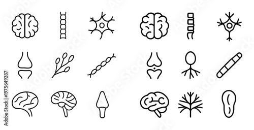 Brain and neural icons arranged in grid on white background