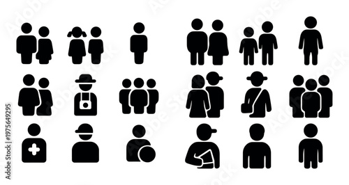 Multiple person icons standing and grouped on white background