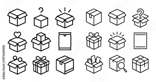 Packaging icons depicting various box states on white background
