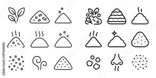 Spice and powder icons showing textures and aroma on white background