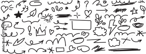 Collection of hand drawn doodles and scribbles on white background