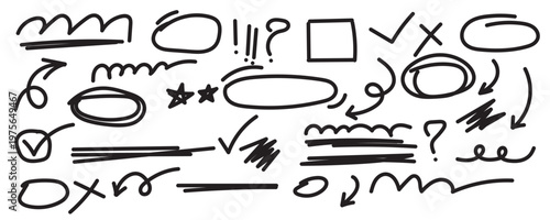 Collection of hand drawn scribbles lines shapes and abstract marks