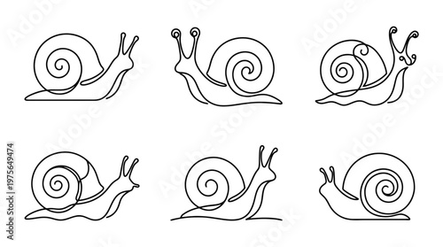 snail , six black Continuous Line Art (Single Line) vector set collection , white background , PNG and SVG