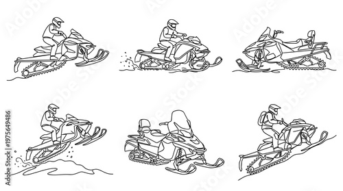 snowmobile , six black Continuous Line Art (Single Line) vector set collection , white background , PNG and SVG