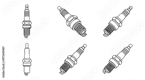spark plug , six black Continuous Line Art (Single Line) vector set collection , white background , PNG and SVG