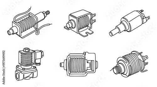 solenoid , six black Continuous Line Art (Single Line) vector set collection , white background , PNG and SVG