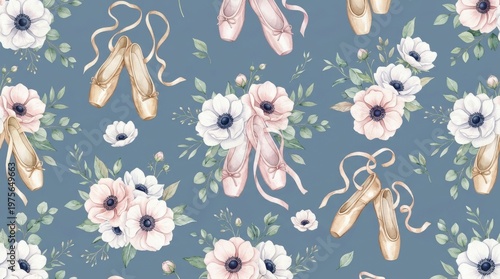 A beautiful pattern featuring ballet shoes and flowers on a blue background, perfect for dance or ballet themed designs.