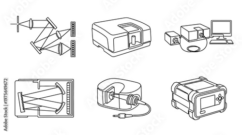 spectrometer , six black Continuous Line Art (Single Line) vector set collection , white background , PNG and SVG