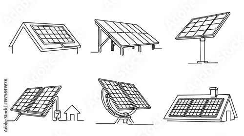 solar panel , six black Continuous Line Art (Single Line) vector set collection , white background , PNG and SVG