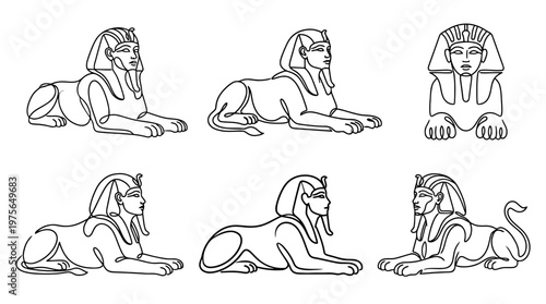 sphinx , six black Continuous Line Art (Single Line) vector set collection , white background , PNG and SVG
