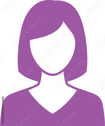 Purple stylized silhouette of a woman's bust with bob haircut and V-neck top.