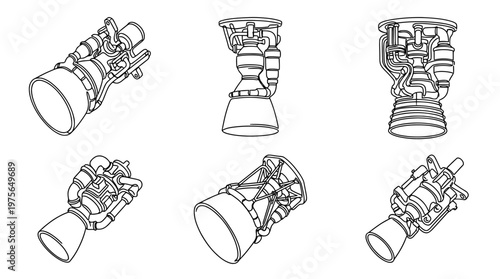 spacecraft thruster , six black Continuous Line Art (Single Line) vector set collection , white background , PNG and SVG