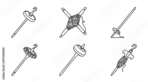 spindle , six black Continuous Line Art (Single Line) vector set collection , white background , PNG and SVG