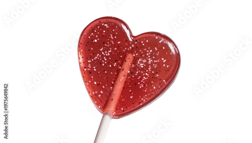 Sparkling red heart lollipop with glitter, isolated on transparent background
