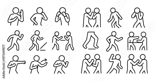 Stick figures performing fighting and self defense poses on grid