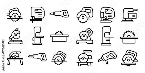 Cutting saw tools arranged in grid on white background