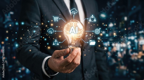 Artificial intelligence brain bulb held by businessman, digital network connectivity, future innovation.