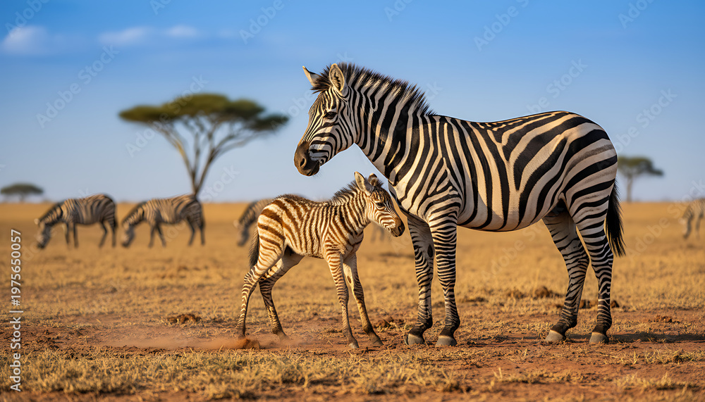 Obraz premium Zebra mother and foal in nature