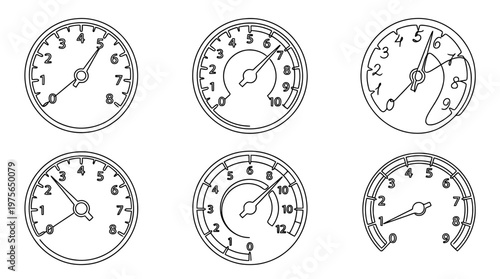 tachometer , six black Continuous Line Art (Single Line) vector set collection , white background , PNG and SVG