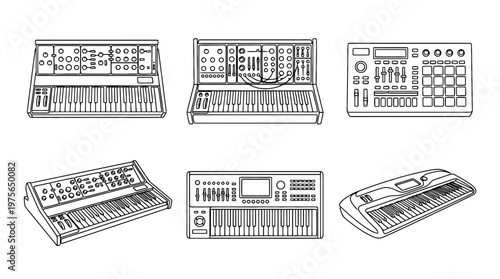 synthesizer , six black Continuous Line Art (Single Line) vector set collection , white background , PNG and SVG