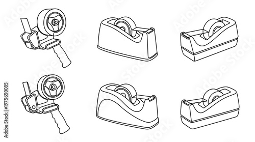tape dispenser , six black Continuous Line Art (Single Line) vector set collection , white background , PNG and SVG