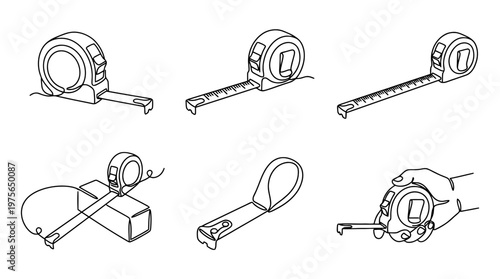 tape measure , six black Continuous Line Art (Single Line) vector set collection , white background , PNG and SVG