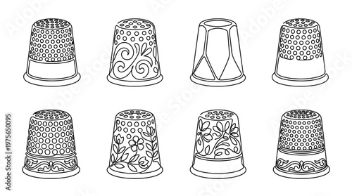 thimble , six black Continuous Line Art (Single Line) vector set collection , white background , PNG and SVG