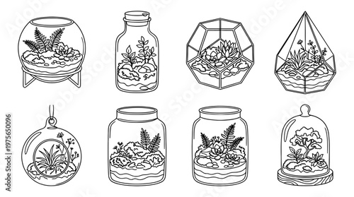 terrarium , six black Continuous Line Art (Single Line) vector set collection , white background , PNG and SVG