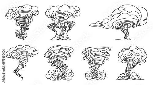 tornado , six black Continuous Line Art (Single Line) vector set collection , white background , PNG and SVG