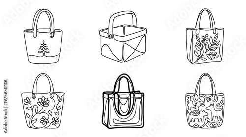 tote box , six black Continuous Line Art (Single Line) vector set collection , white background , PNG and SVG