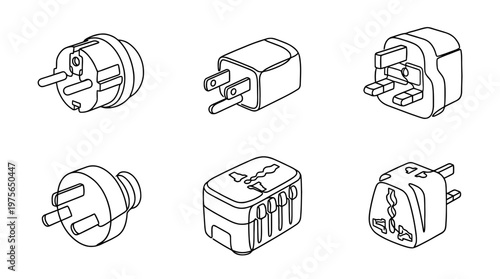 travel adapter , six black Continuous Line Art (Single Line) vector set collection , white background , PNG and SVG