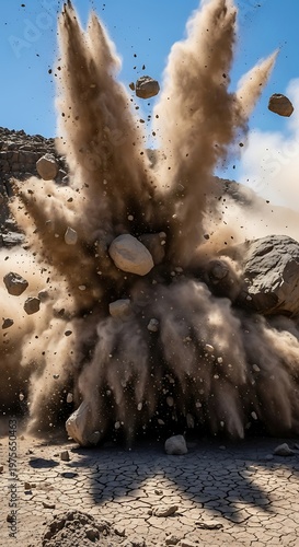 Explosive force of a blast creating dust and debris in the air.