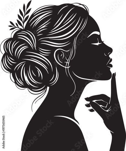 Woman silhouette portrait displays an elegant hairstyle and pensive expression in a clean vector graphic design.
