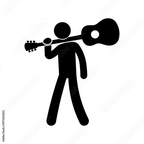 Stickman Holding Guitar – Music Instrument Silhouette Vector Icon.